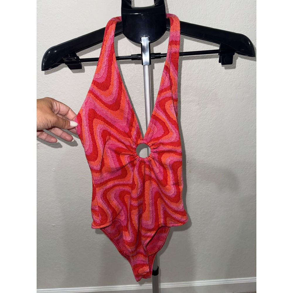 Zara Pink Orange Psychedelic Swirl Knit O-Ring Halter Bodysuit Womens Small